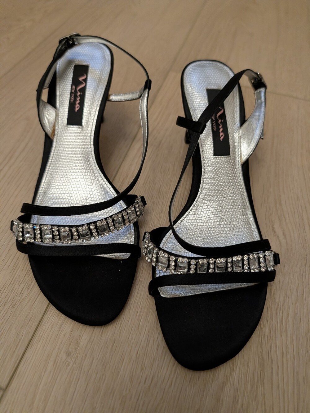 Nina Black Satin Rhinestone Strappy Heels Women’s 8M/39 Evening Dress Sandals